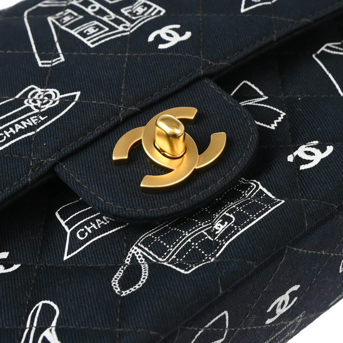 Chanel 2001-2003 Navy Canvas Icon Medium Classic Double Flap Shoulder Bag - Image 6