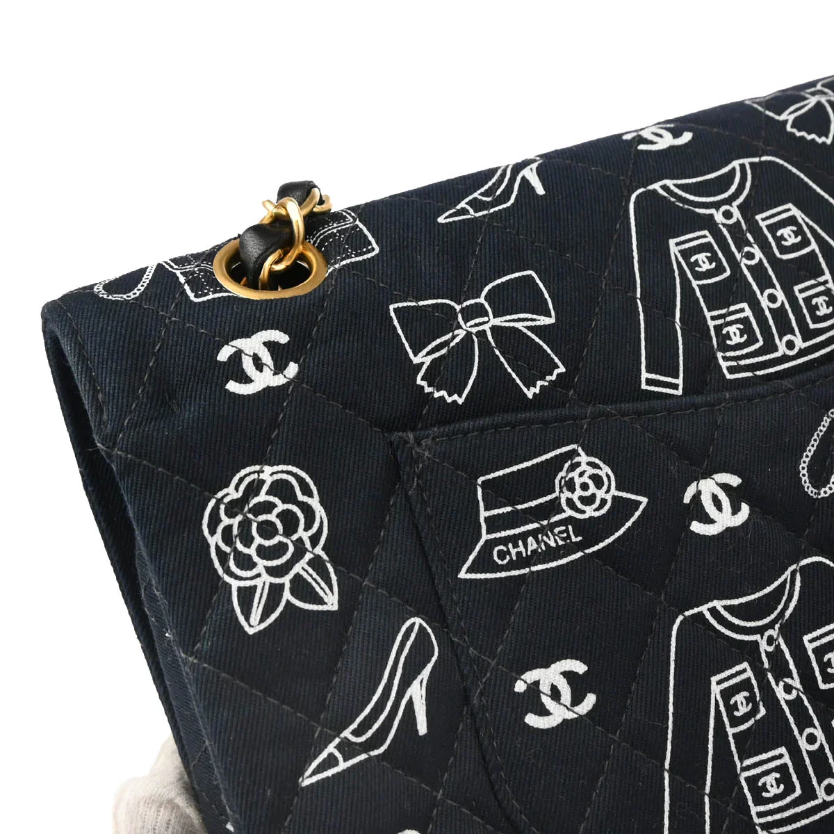 Chanel 2001-2003 Navy Canvas Icon Medium Classic Double Flap Shoulder Bag - Image 7