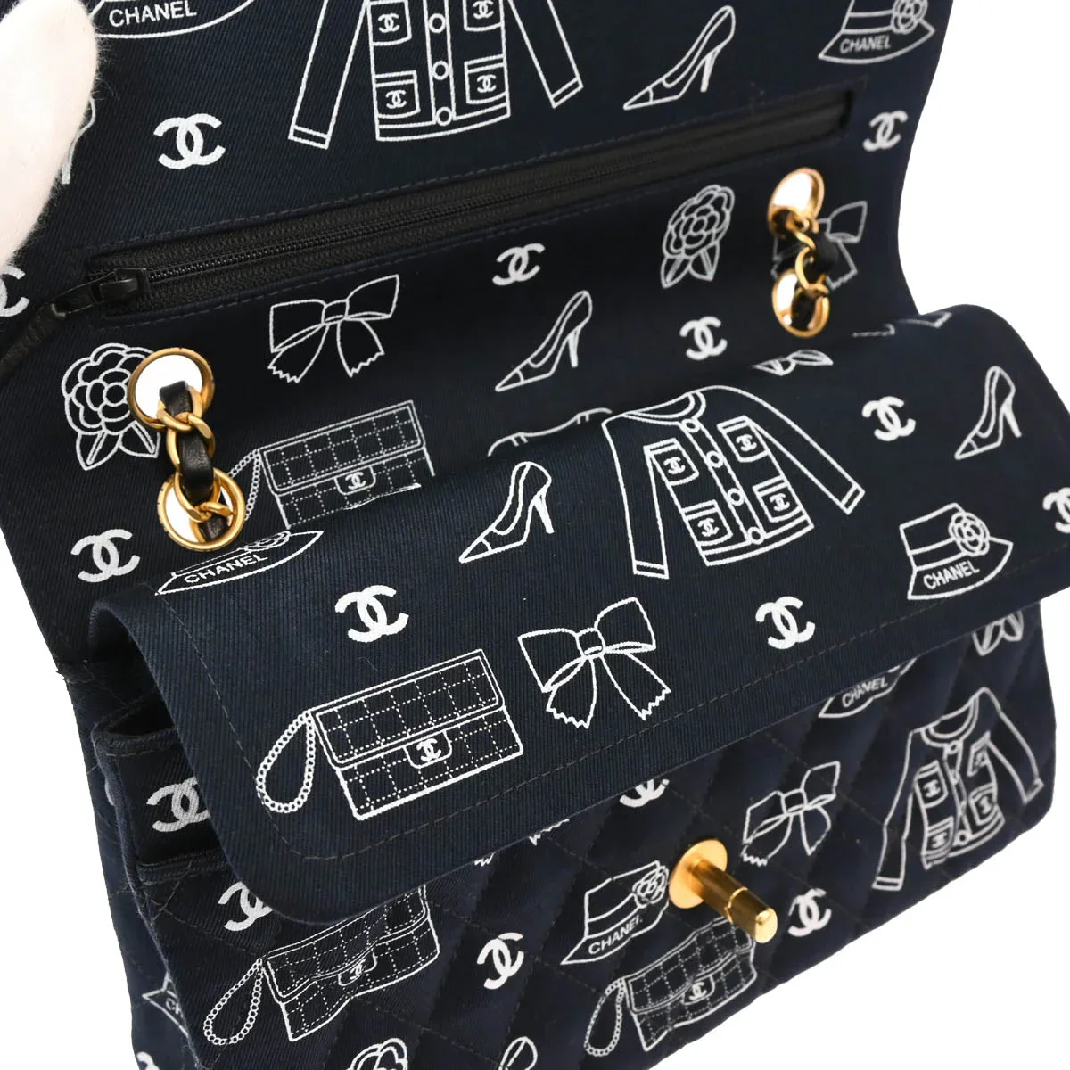 Chanel 2001-2003 Navy Canvas Icon Medium Classic Double Flap Shoulder Bag - Image 8