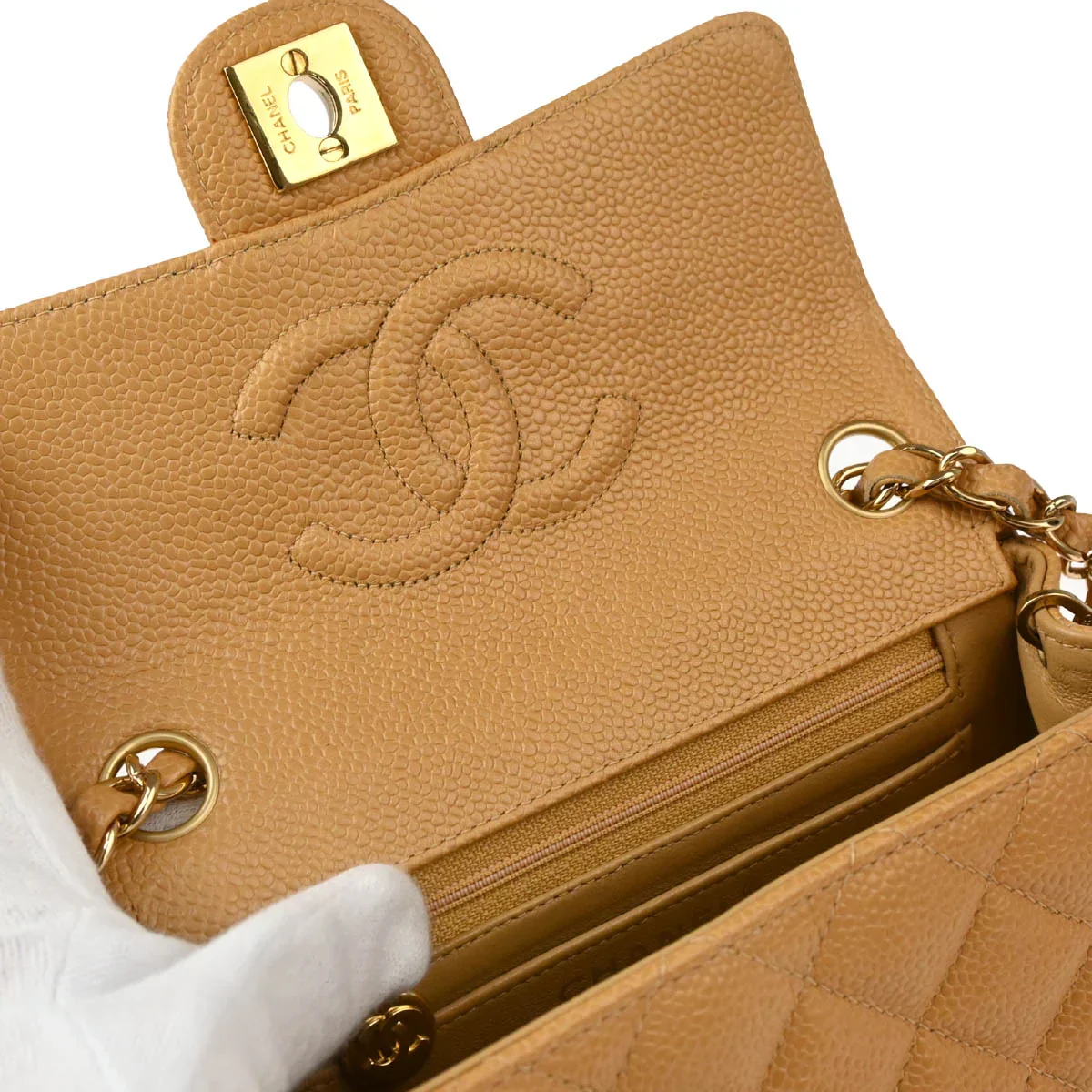 Chanel 2004-2005 Beige Caviar Mini Classic Square Flap Shoulder Bag 17 - Image 8