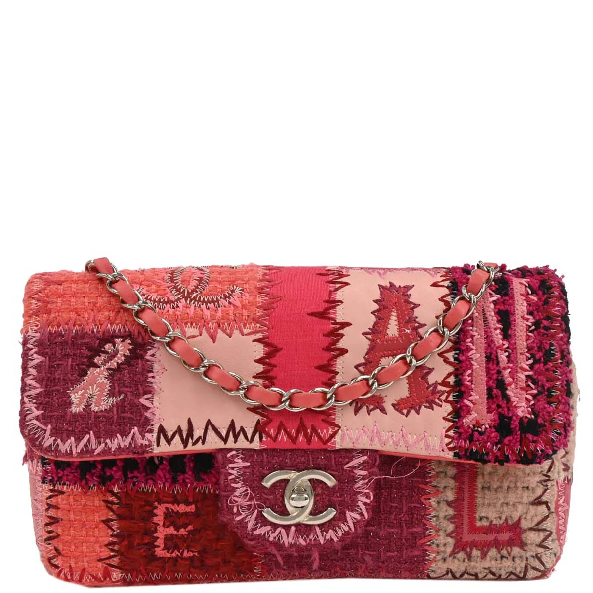 Chanel 2017 Pink Tweed Single Flap Patchwork Shoulder Bag