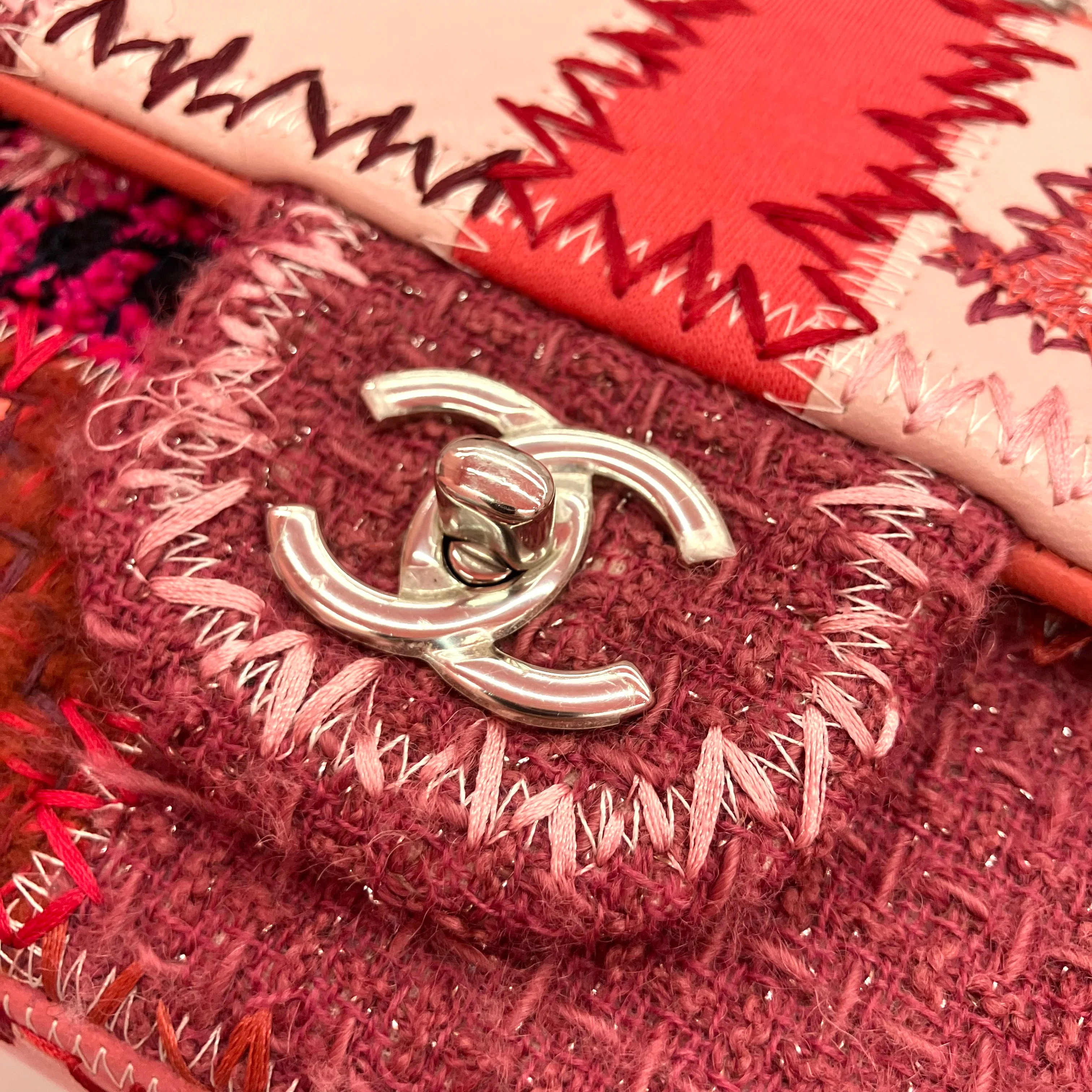 Chanel 2017 Pink Tweed Single Flap Patchwork Shoulder Bag - Image 3