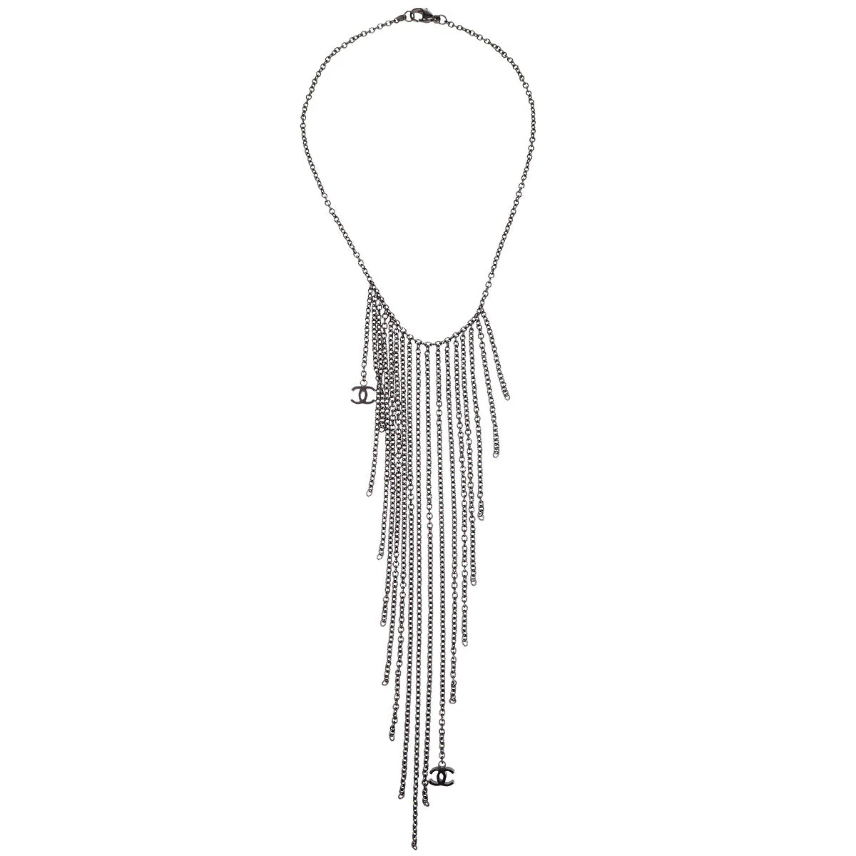 Chanel Fringe Chain Necklace Silver 02A