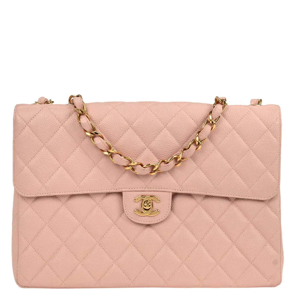 Chanel 2001-2003 Pink Caviar Jumbo Classic Flap Shoulder Bag