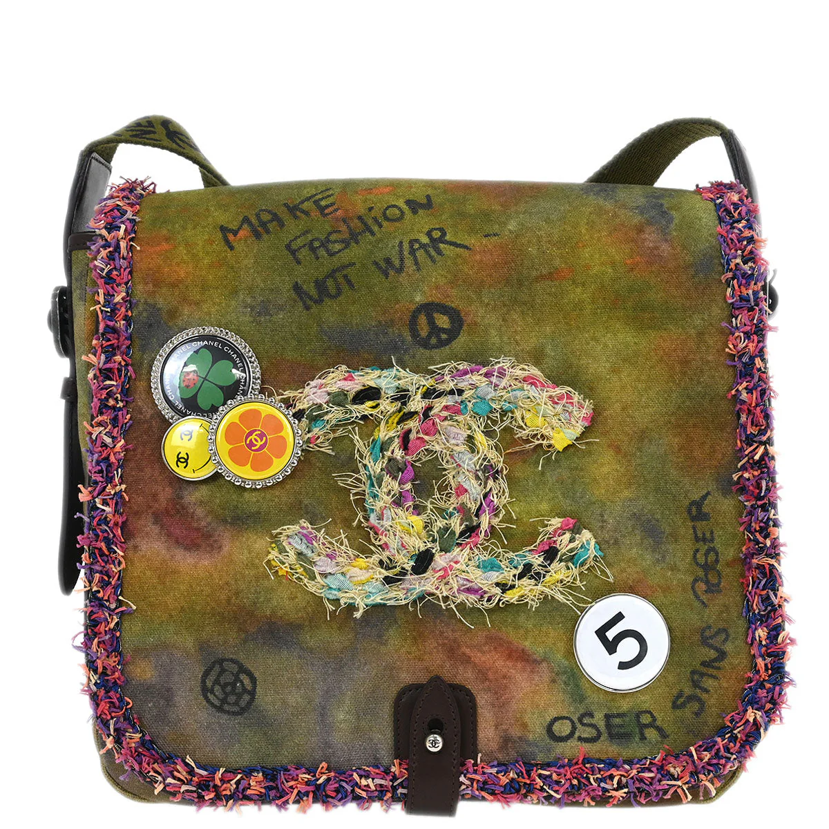 Chanel 2015-2016 Khaki Canvas Graffiti On The Pavement Shoulder Bag