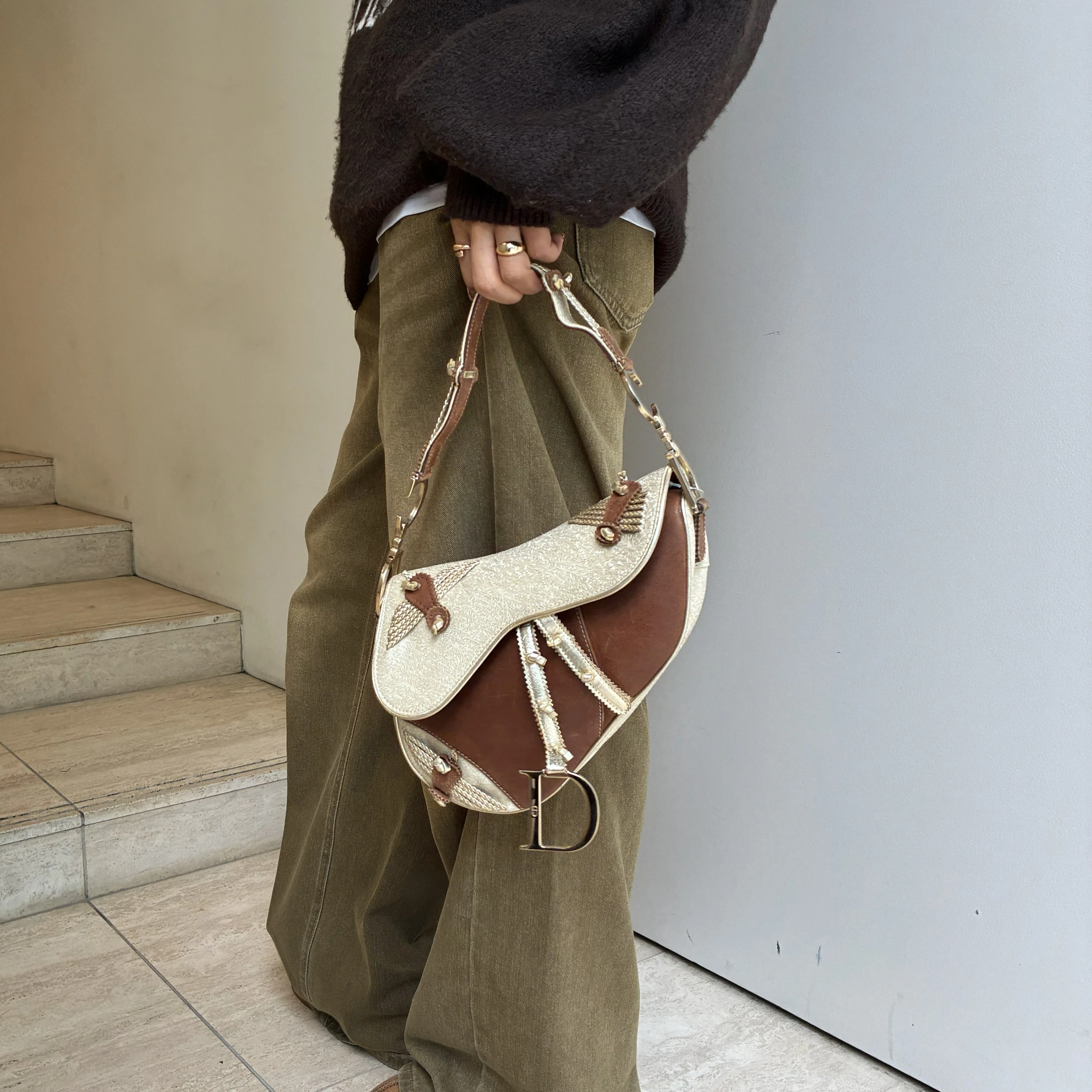 Christian Dior Gold Brown Saddle Handbag