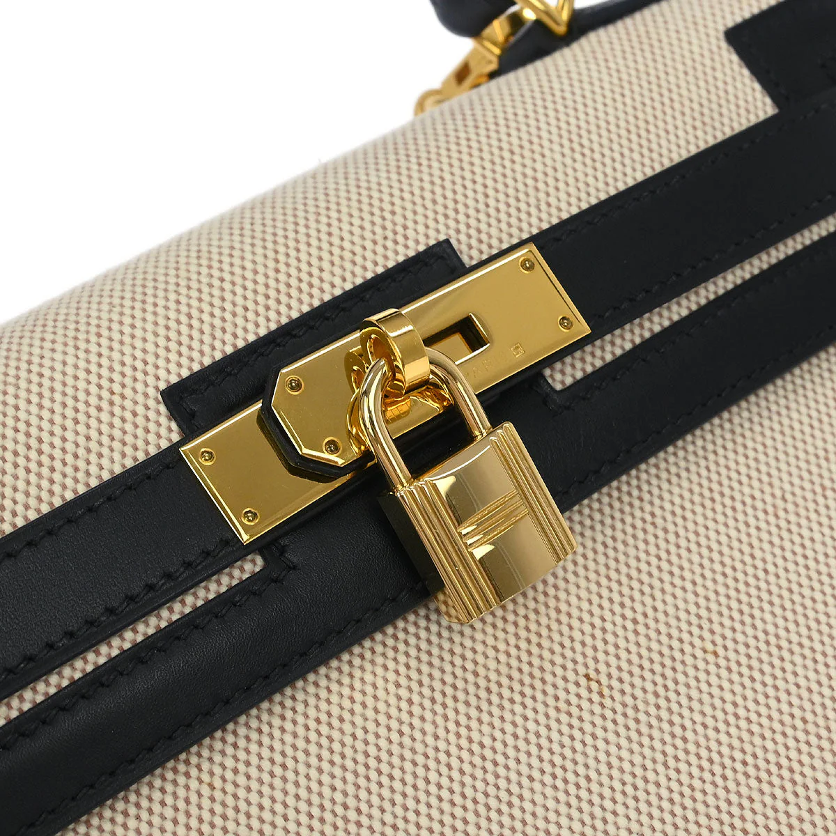 Hermes 2002 Beige Black Toile H Box Calf Kelly 28 Sellier 2way Shoulder Handbag - Image 5