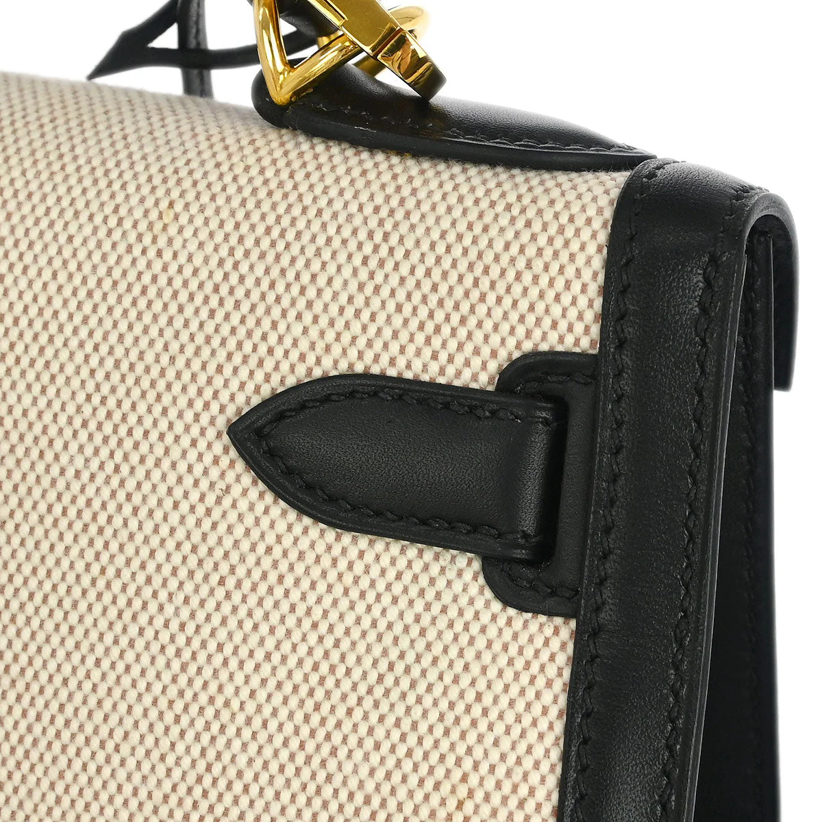 Hermes 2002 Beige Black Toile H Box Calf Kelly 28 Sellier 2way Shoulder Handbag - Image 6