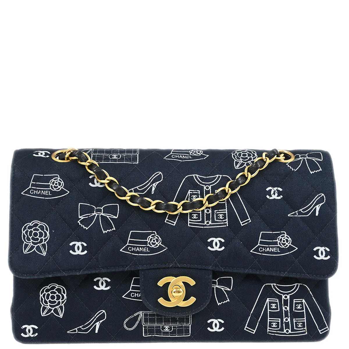 Chanel 2001-2003 Navy Canvas Icon Medium Classic Double Flap Shoulder Bag