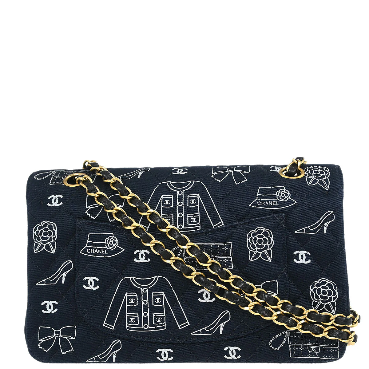 Chanel 2001-2003 Navy Canvas Icon Medium Classic Double Flap Shoulder Bag - Image 2