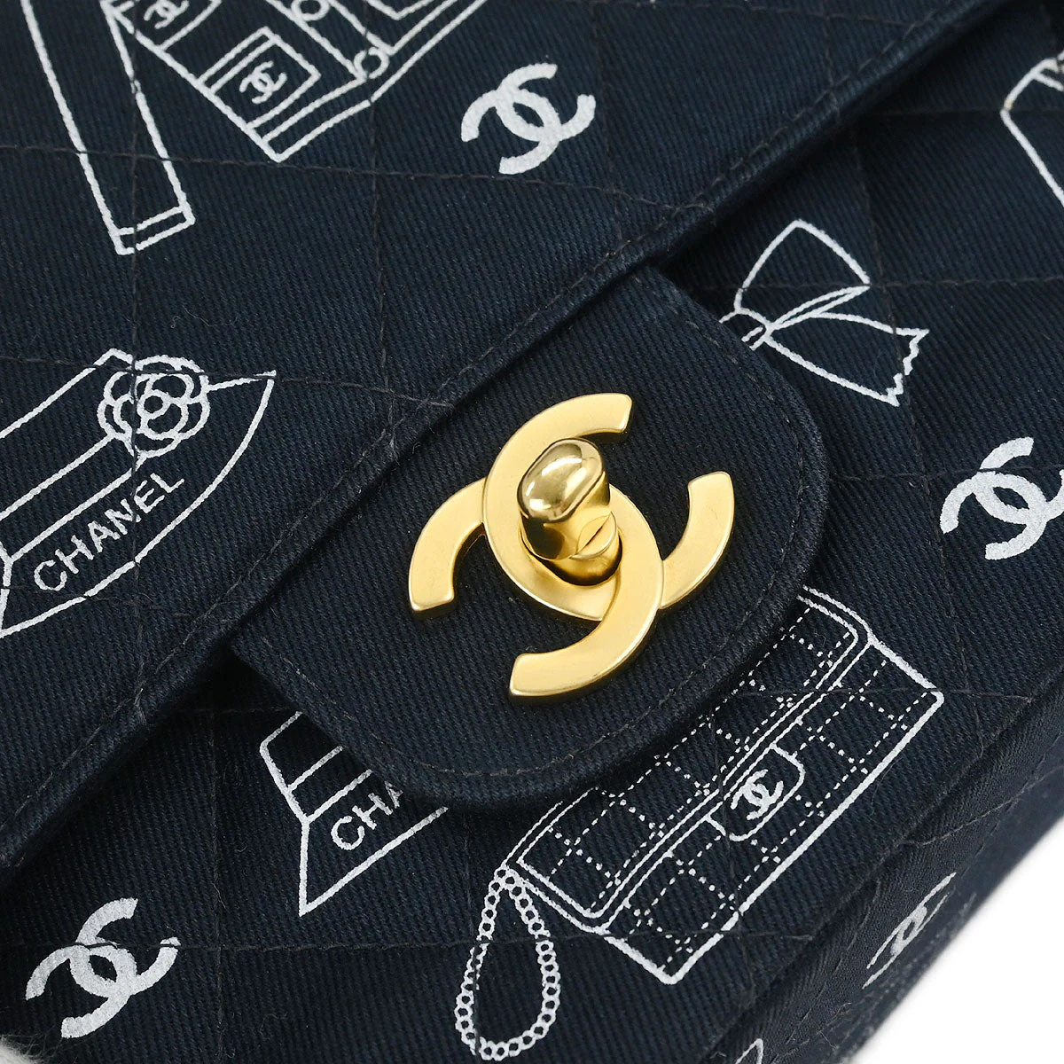Chanel 2001-2003 Navy Canvas Icon Medium Classic Double Flap Shoulder Bag - Image 5