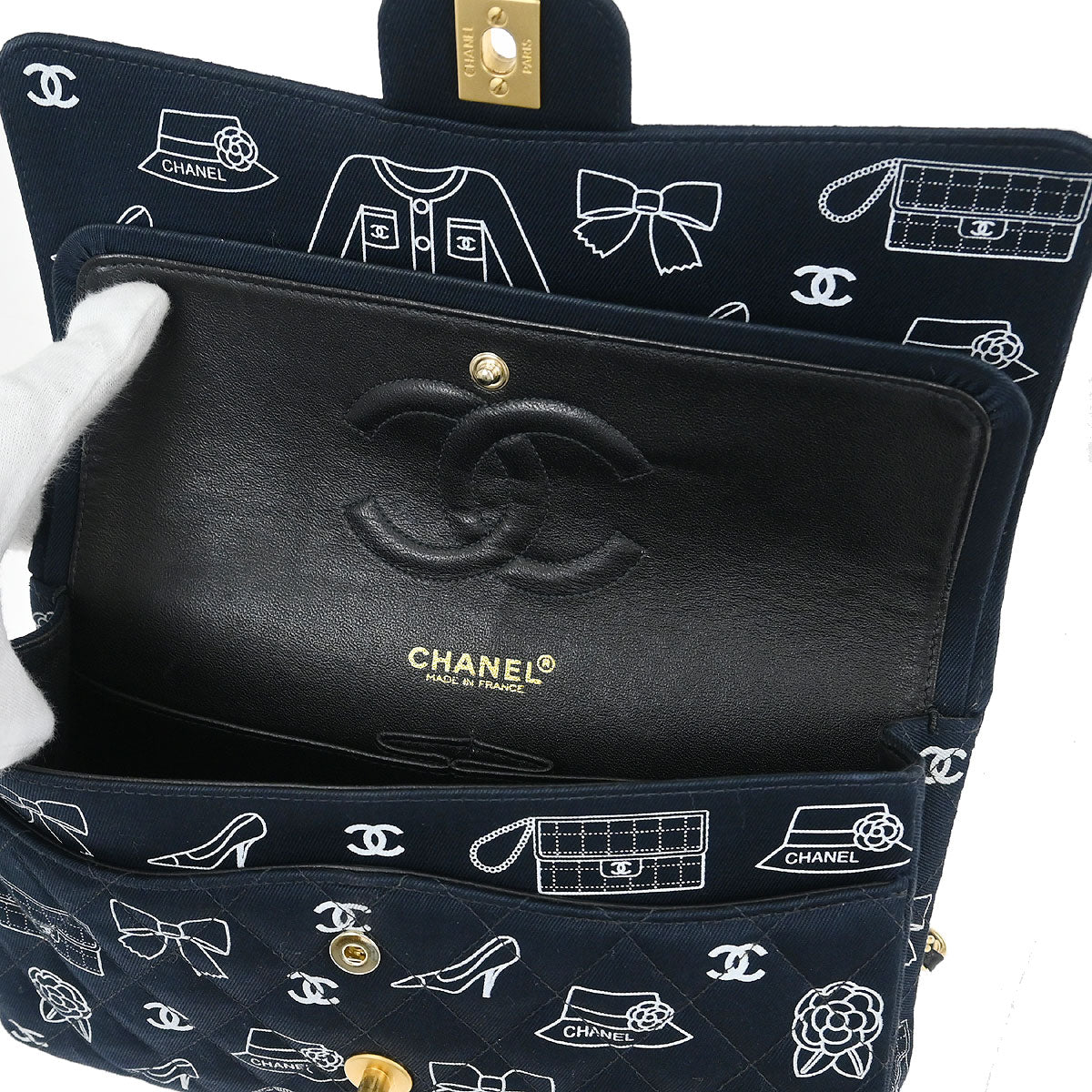 Chanel 2001-2003 Navy Canvas Icon Medium Classic Double Flap Shoulder Bag - Image 8
