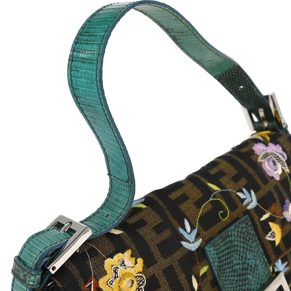Fendi * Brown Blue Lizard Zucca Baguette Handbag - Image 4
