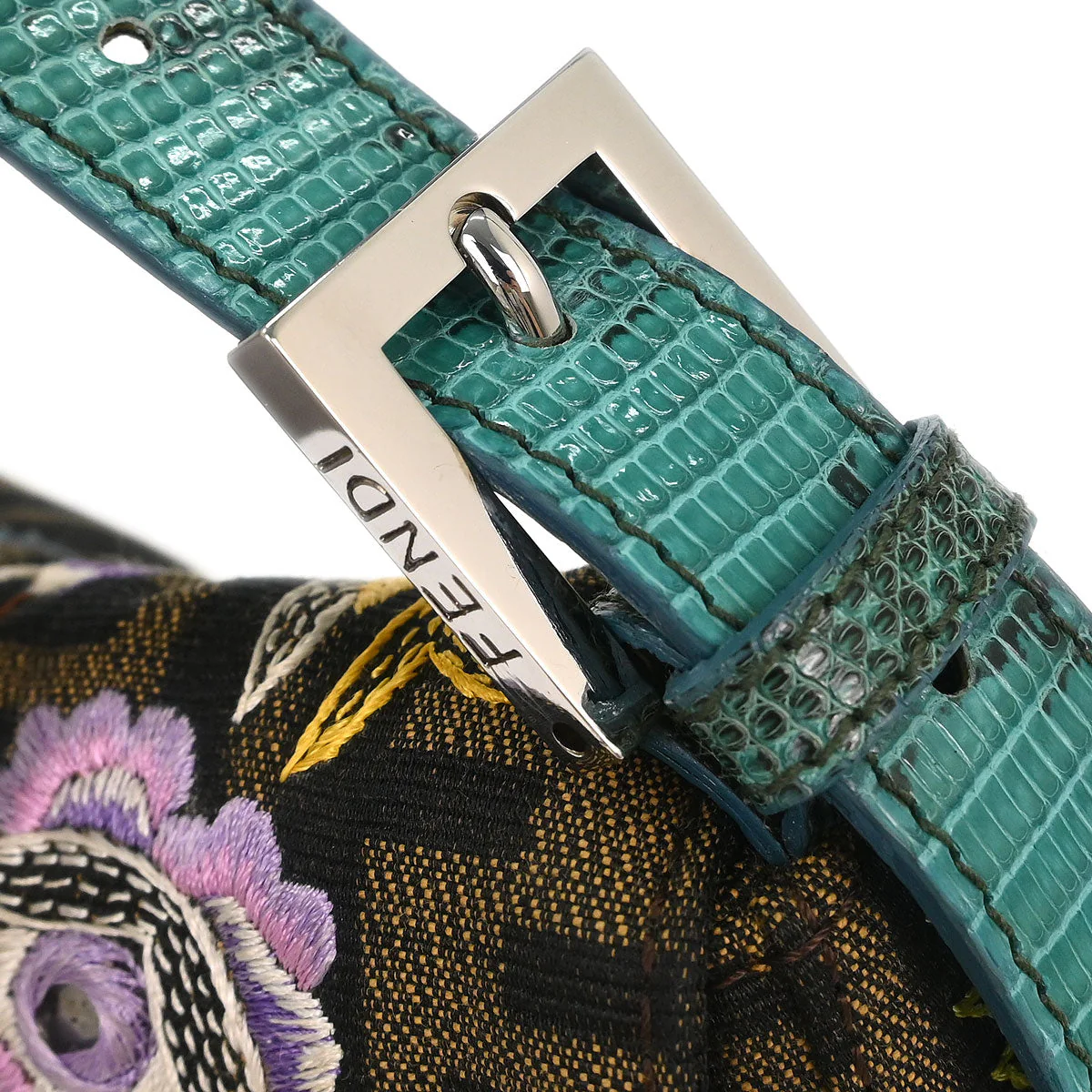 Fendi * Brown Blue Lizard Zucca Baguette Handbag - Image 5