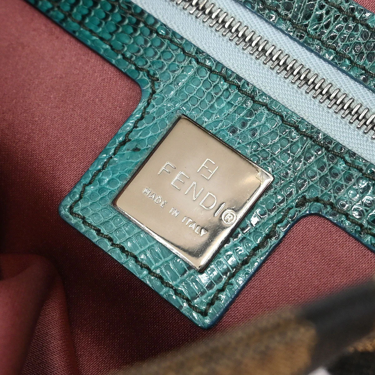 Fendi * Brown Blue Lizard Zucca Baguette Handbag - Image 8