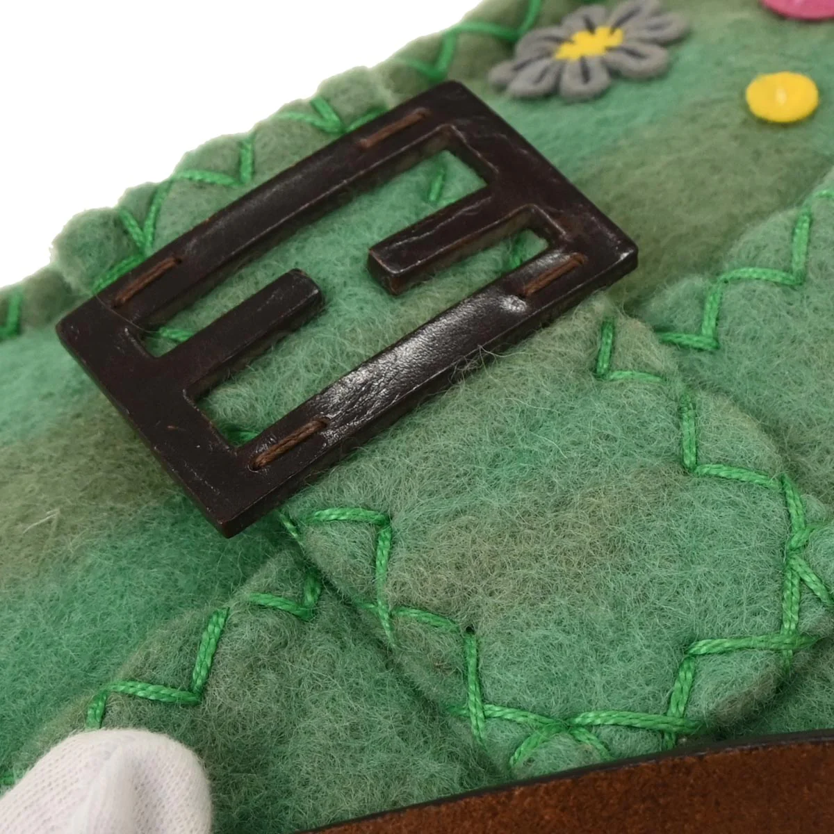 Fendi Green Wool Floral Baguette Handbag - Image 4