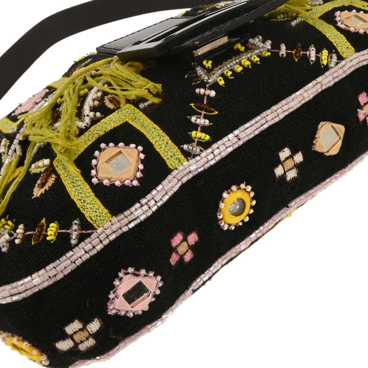Fendi Black Cotton Beaded Embroidered Baguette Handbag - Image 3