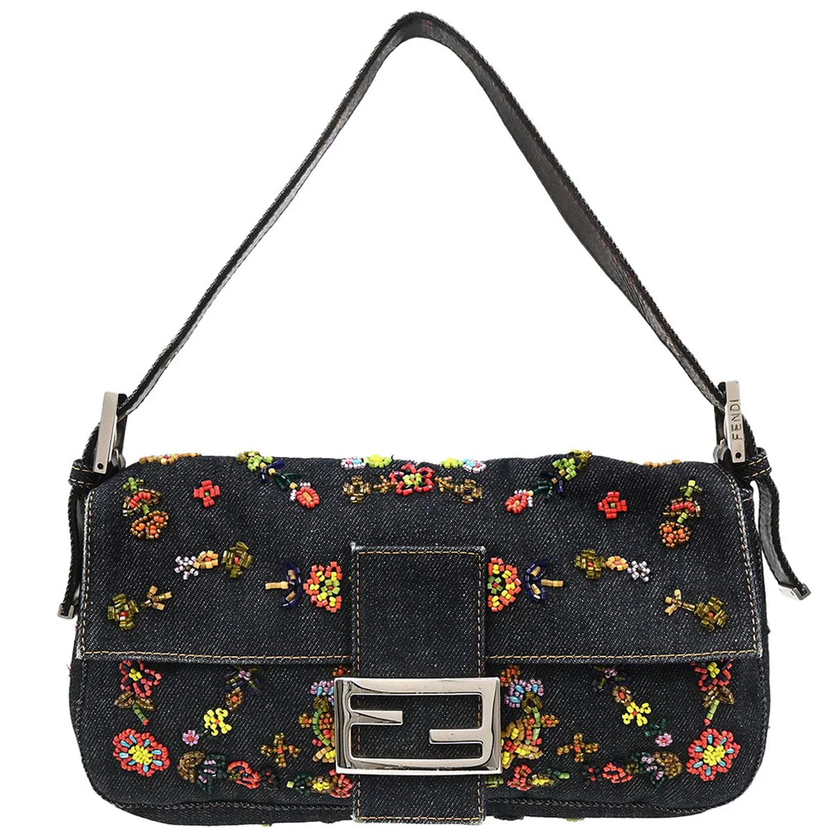 Fendi Navy Denim Beaded Baguette Handbag