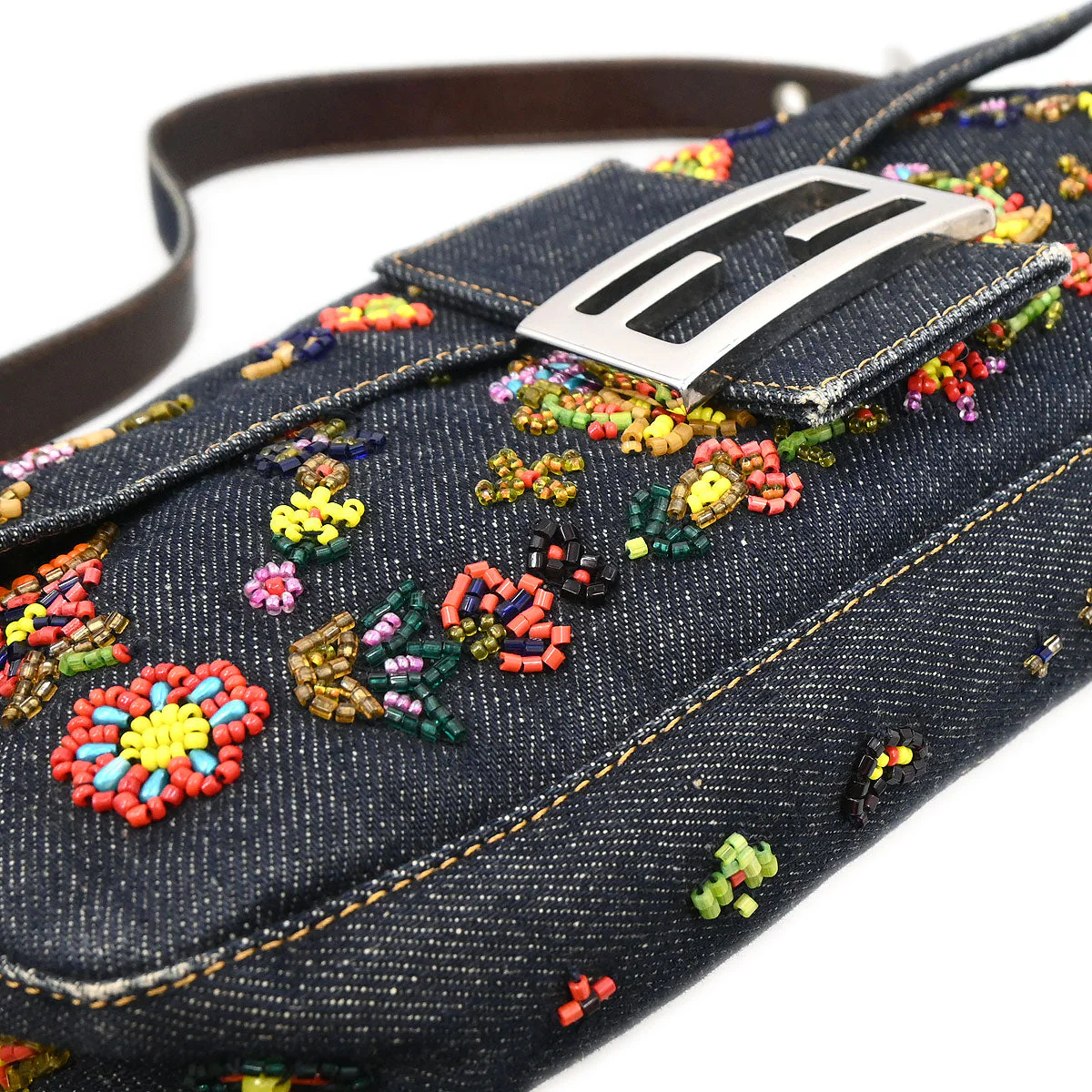 Fendi Navy Denim Beaded Baguette Handbag - Image 3