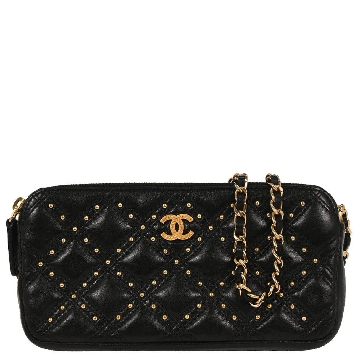 Chanel 2018-2019 Black Lambskin Studded WOC Wallet on Chain Shoulder Bag