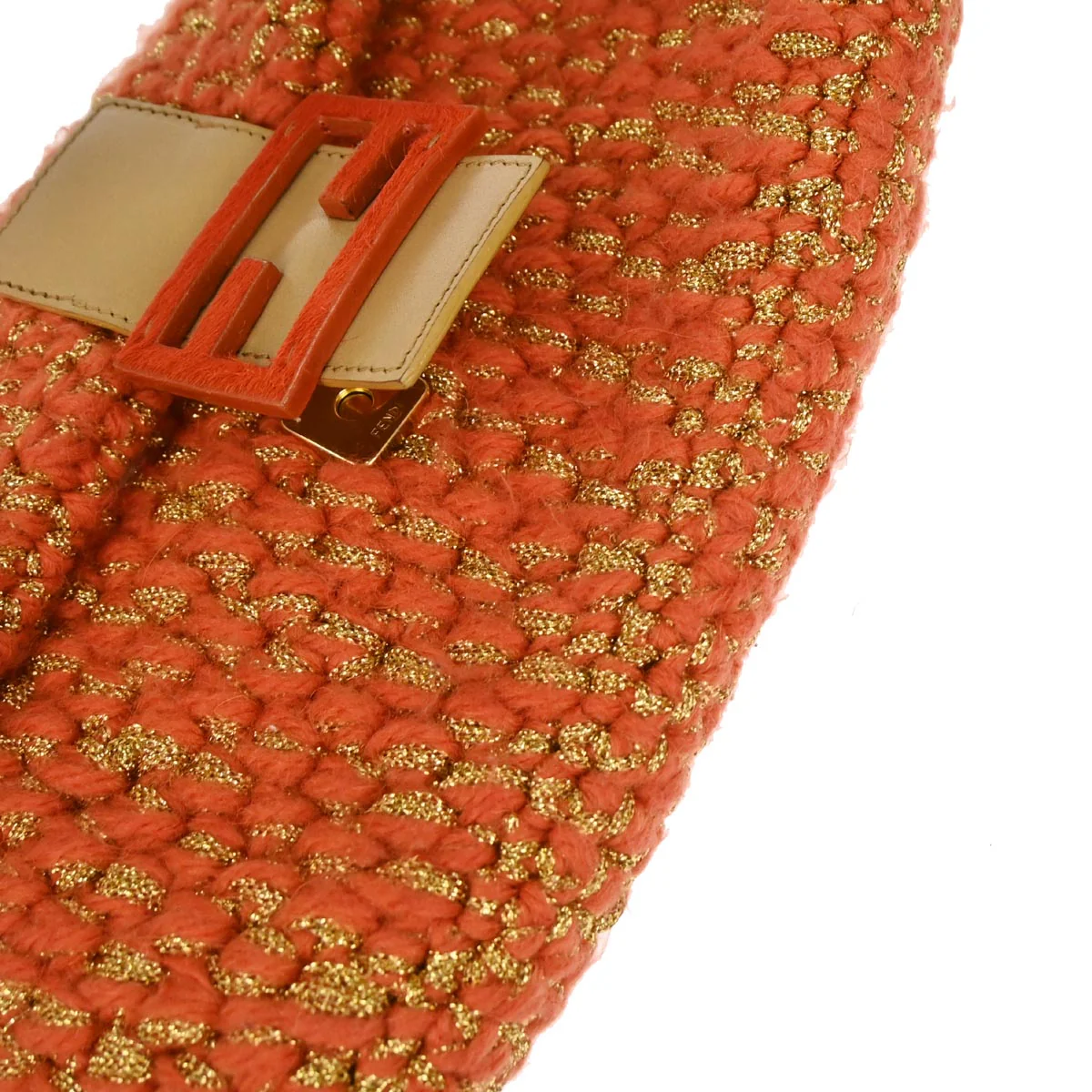Fendi Orange Gold Wool Baguette Handbag - Image 5