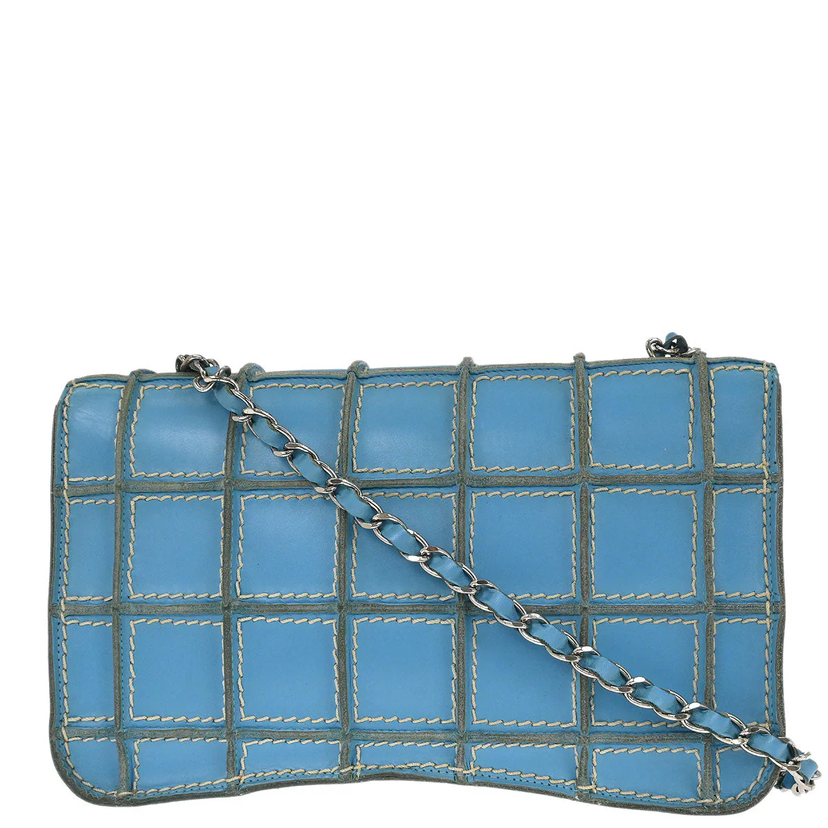 Chanel 2001-2003 Light Blue Calfskin Wild Stitch Choco Bar Waffle Shoulder Bag - Image 2