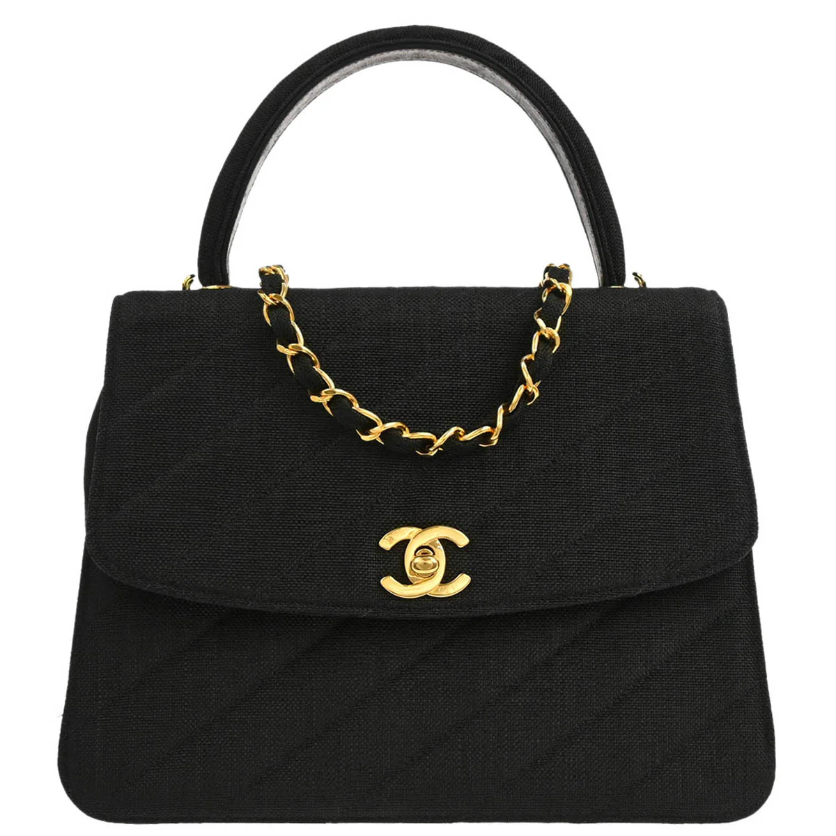 Chanel 1991-1994 Black Linen Top Handle 2way Shoulder Handbag