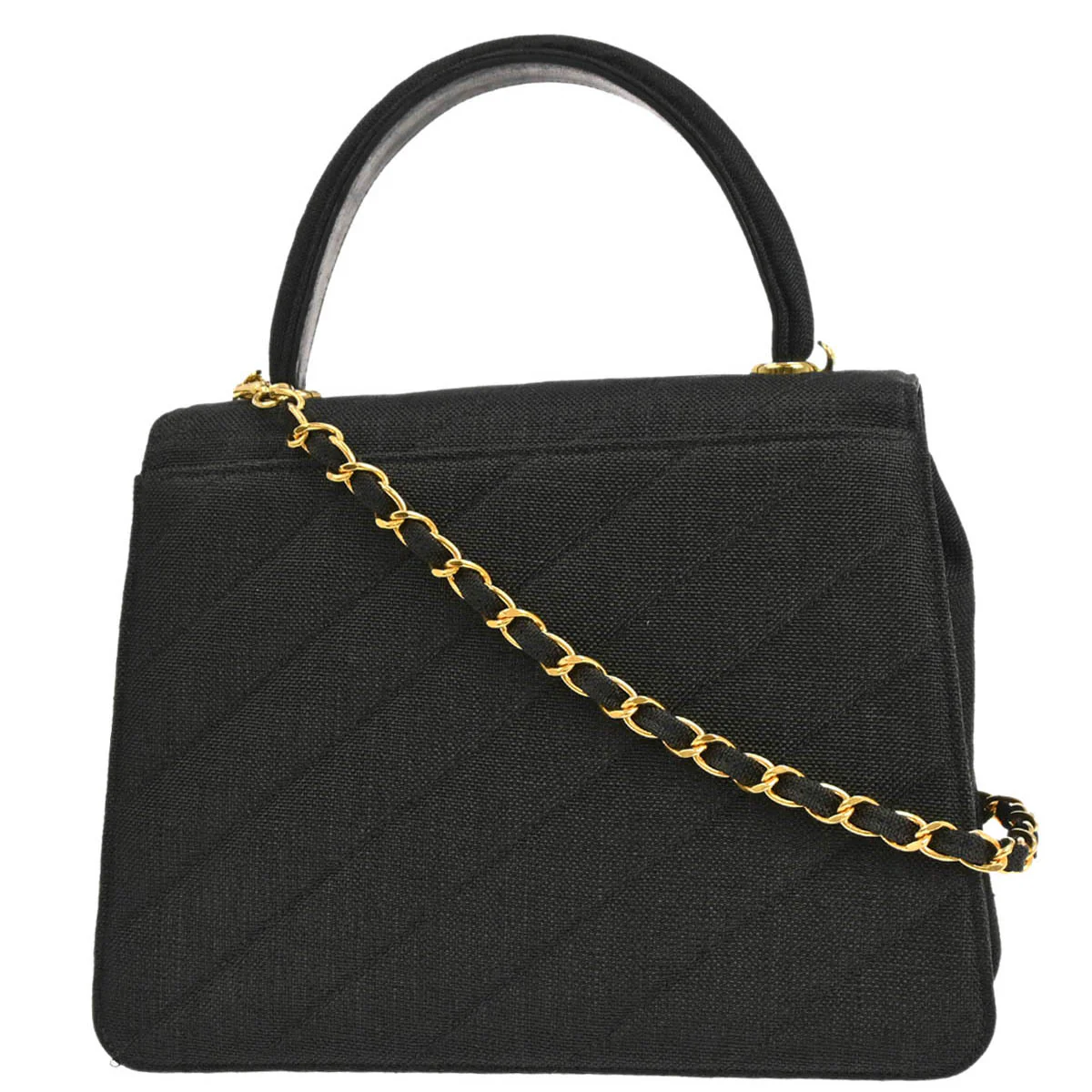 Chanel 1991-1994 Black Linen Top Handle 2way Shoulder Handbag - Image 2