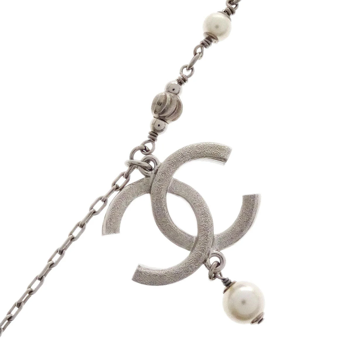 Chanel CC Chain Necklace Pendant Silver Costume Pearl Rhinestone 12A - Image 3