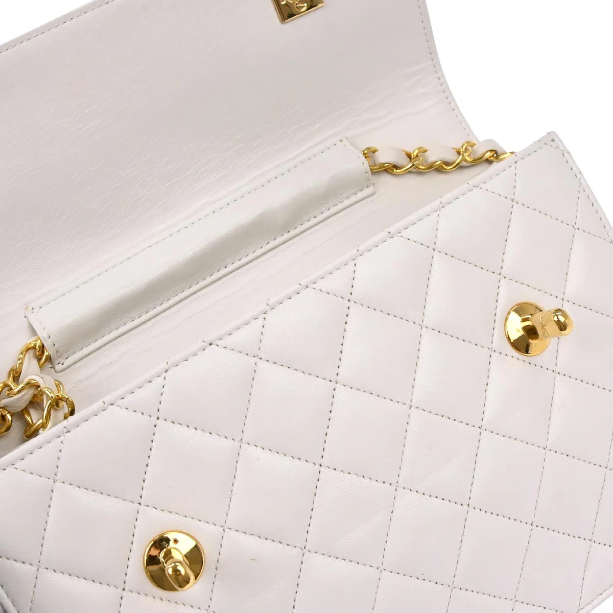 Chanel 1989-1991 White Lambskin Double Turnlock 2way Shoulder Handbag - Image 7