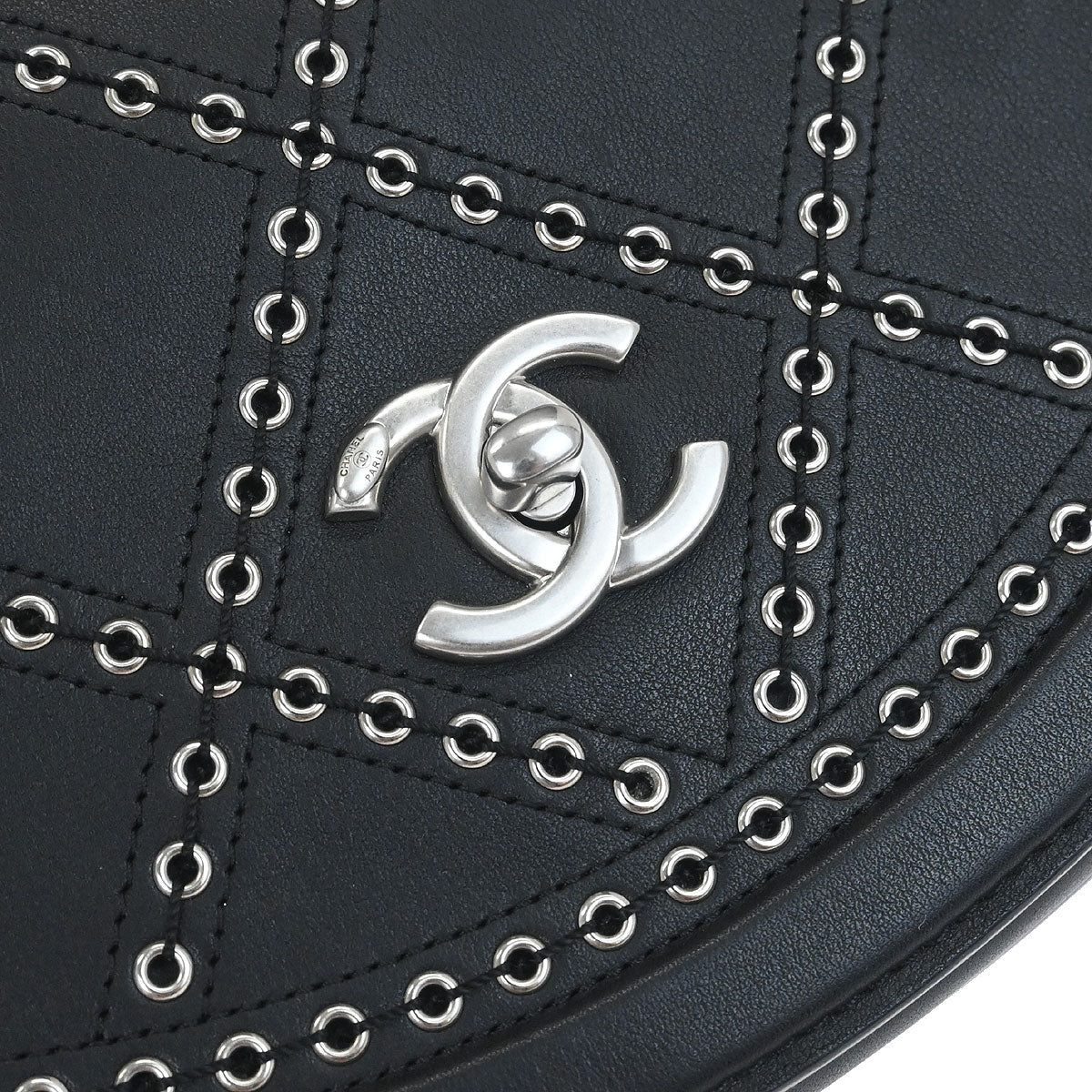 Chanel 2018 Black Calfskin Coco Eyelets Round Flap Shoulder Bag - Image 4
