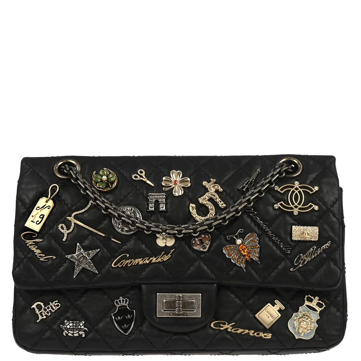 Chanel 2012 Black Calfskin Icon 2.55 Medium Classic Double Flap Shoulder Bag