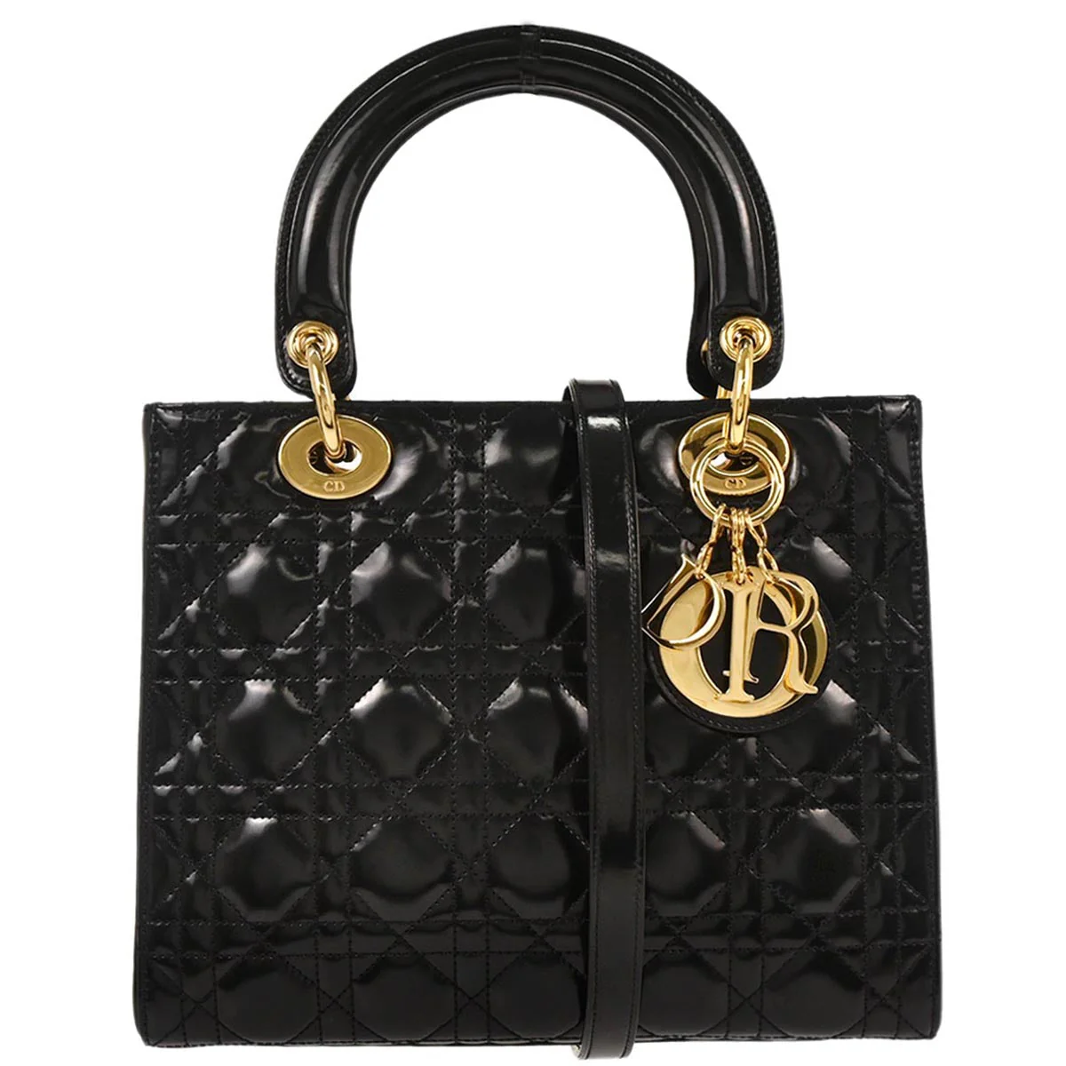 Christian Dior Black Patent Leather Cannage Lady Dior Shoulder Handbag