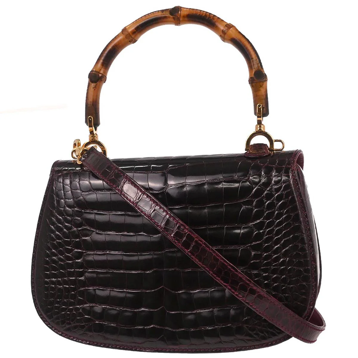 Gucci * Purple Crocodile Bamboo 2way Shoulder Handbag - Image 2