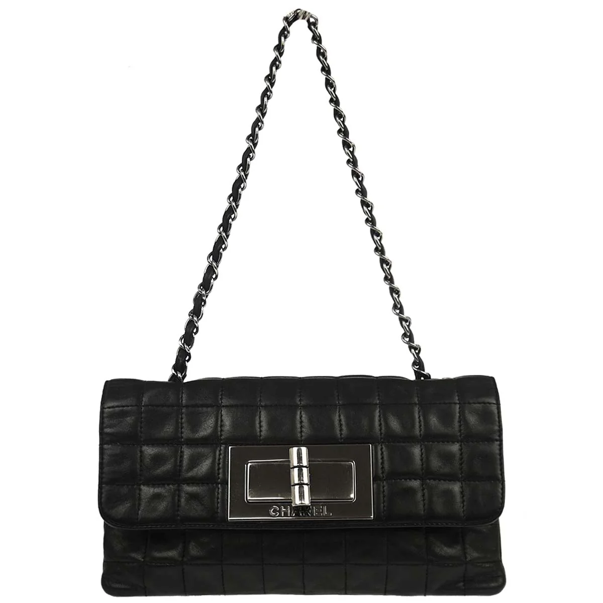 Chanel 2005-2006 Black Lambskin Choco Bar Mademoiselle Lock Handbag