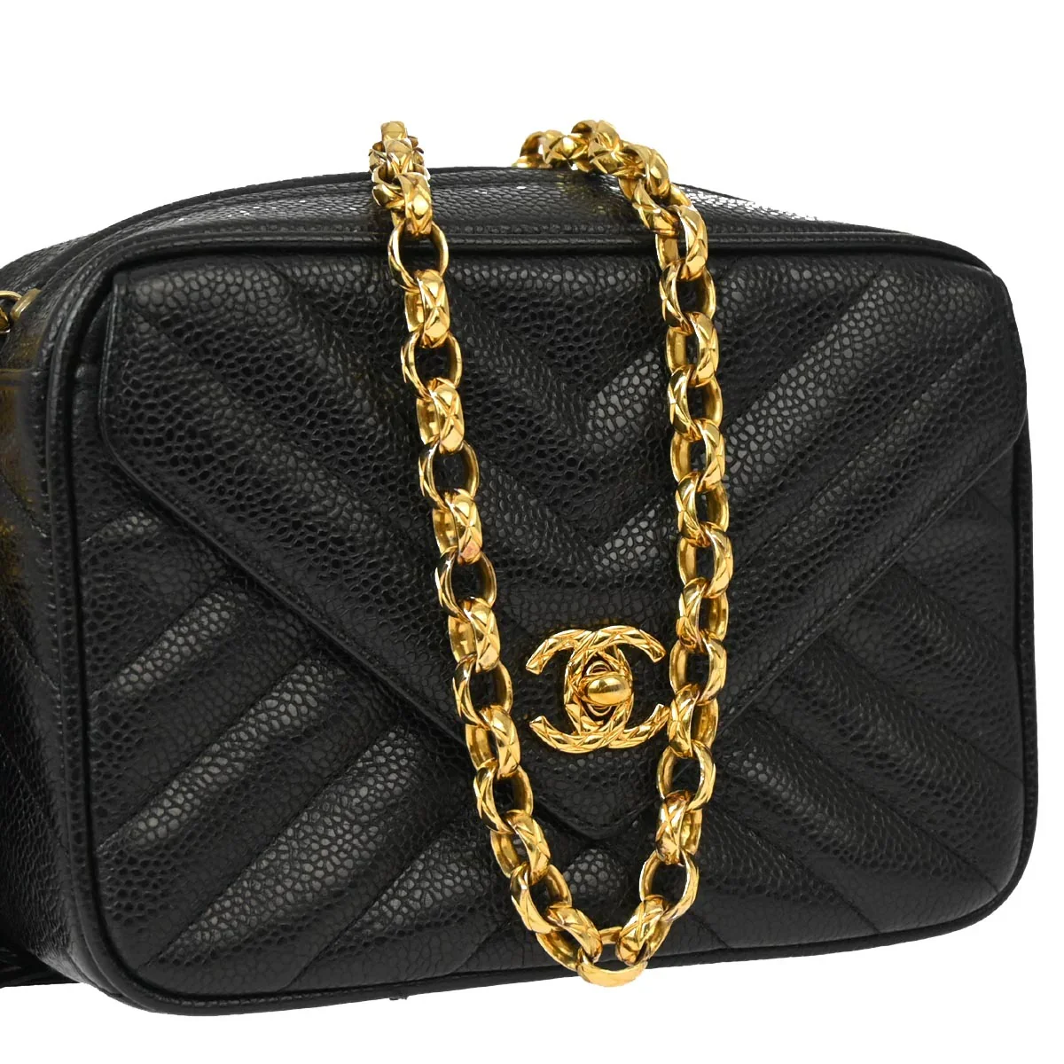 Chanel 1991-1994 Black Caviar Chevron Camera Bag Mini - Image 3