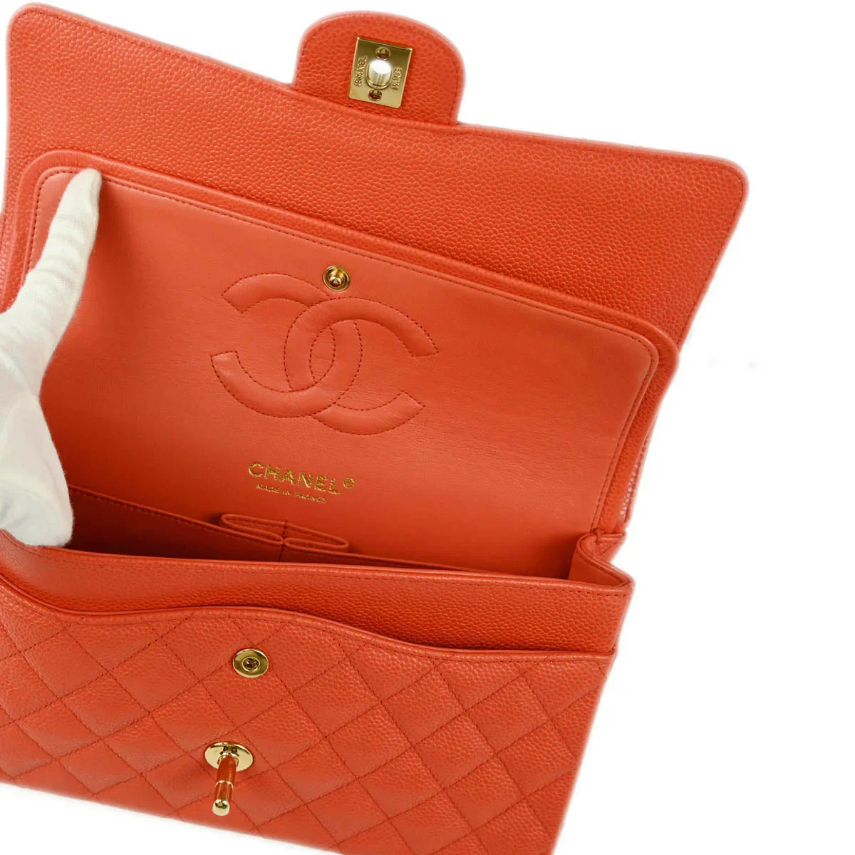 Chanel 2003-2004 Orange Caviar Medium Classic Double Flap Shoulder Bag - Image 7