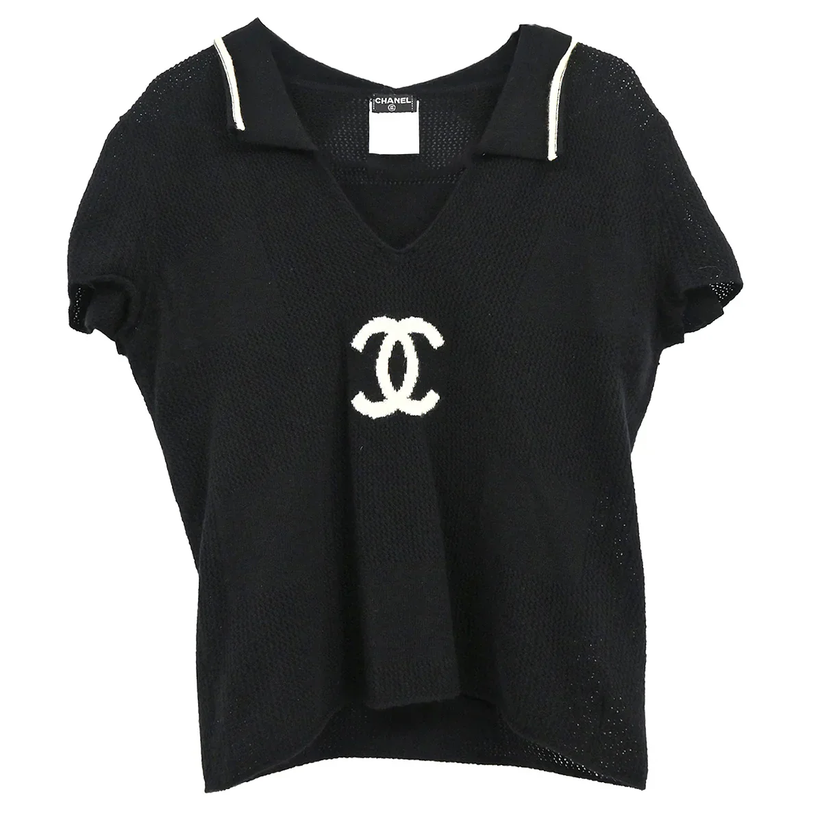 Chanel 2001 Short Sleeve Sweater Knit Top Black #40