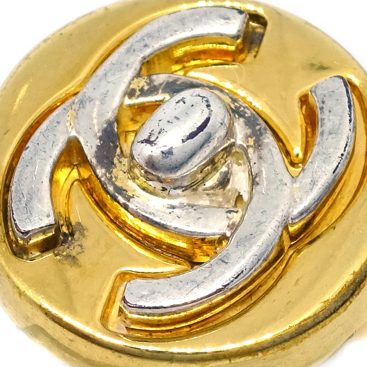 Chanel Turnlock Button Earrings Clip-On Gold Silver 97A - Image 2