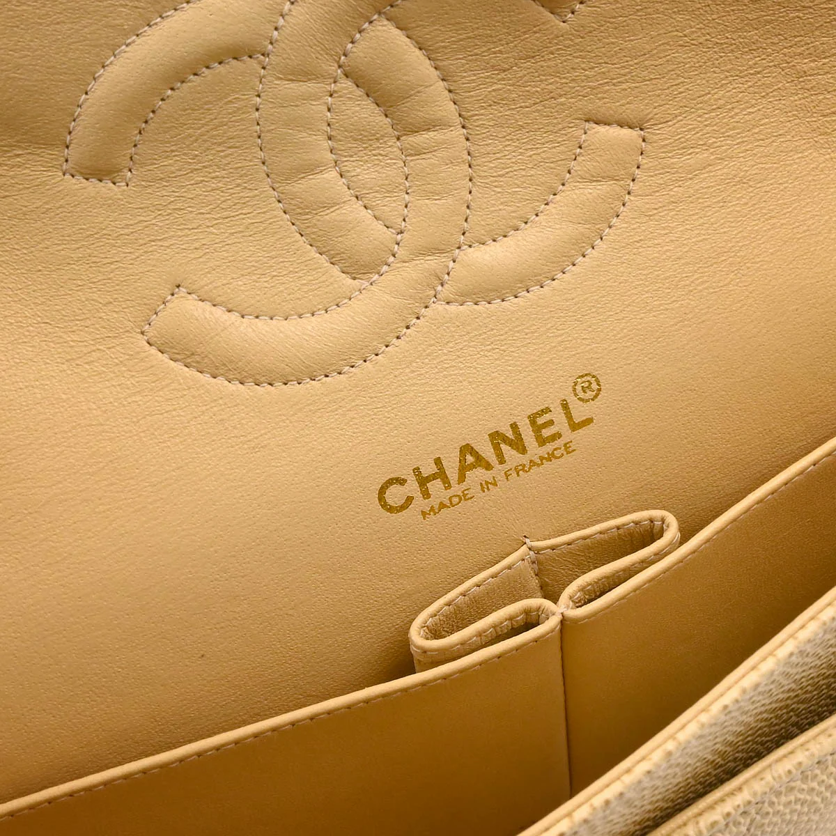 Chanel 2001-2003 Beige Caviar Medium Classic Double Flap Shoulder Bag - Image 10