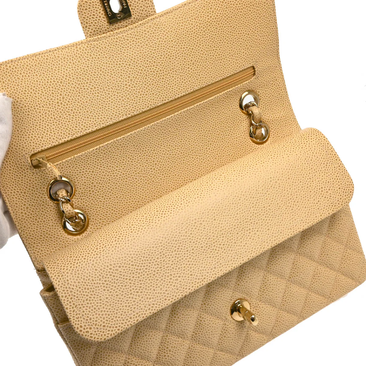Chanel 2001-2003 Beige Caviar Medium Classic Double Flap Shoulder Bag - Image 8