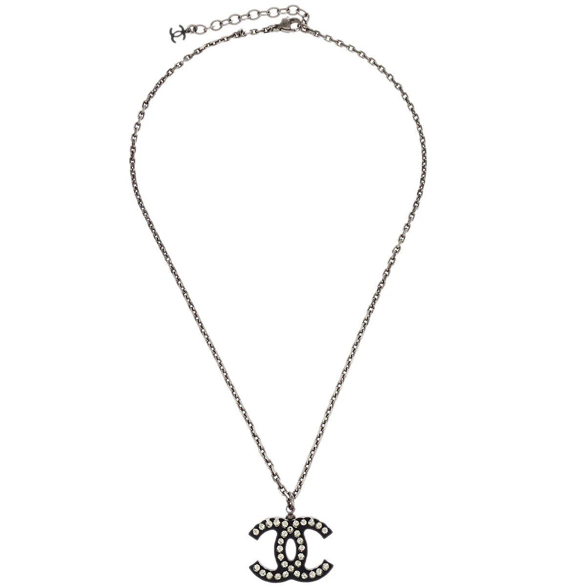 Chanel CC Chain Necklace Silver Black Rhinestone 05P - Image 2