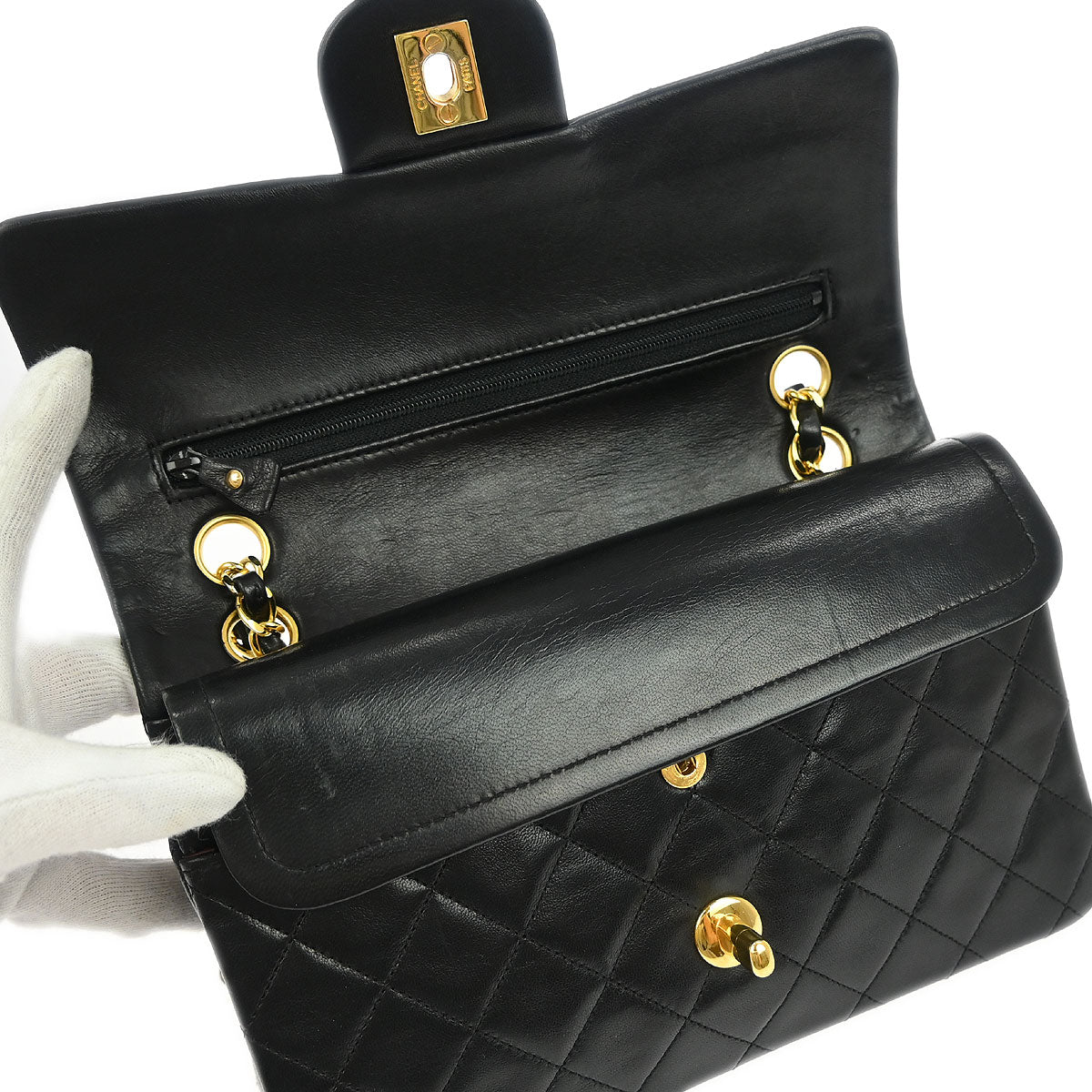 Chanel 1989-1991 Black Lambskin Small Classic Double Flap Shoulder Bag - Image 6