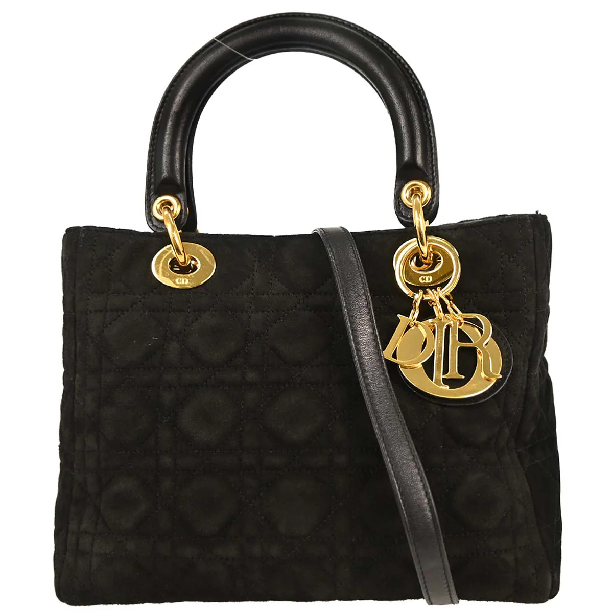Christian Dior Black Suede Medium Lady Dior Cannage 2way Shoulder Handbag
