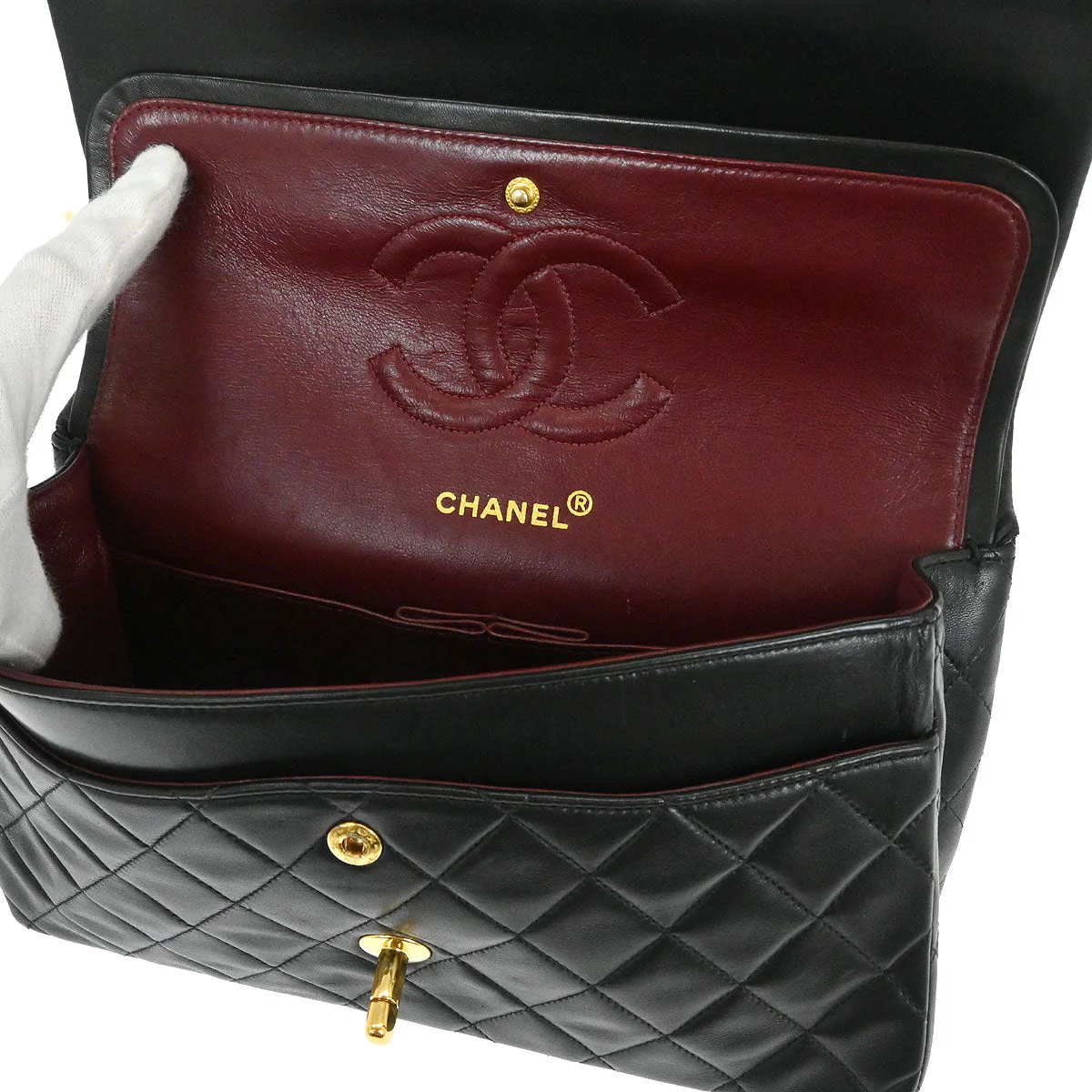 Chanel 1991-1994 Black Lambskin Medium Classic Double Flap Shoulder Bag - Image 7