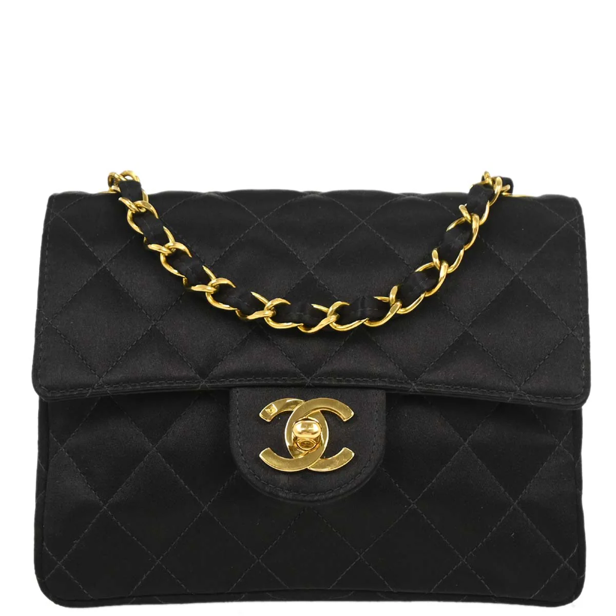 Chanel 1994-1996 Black Satin Mini Classic Square Flap Shoulder Bag