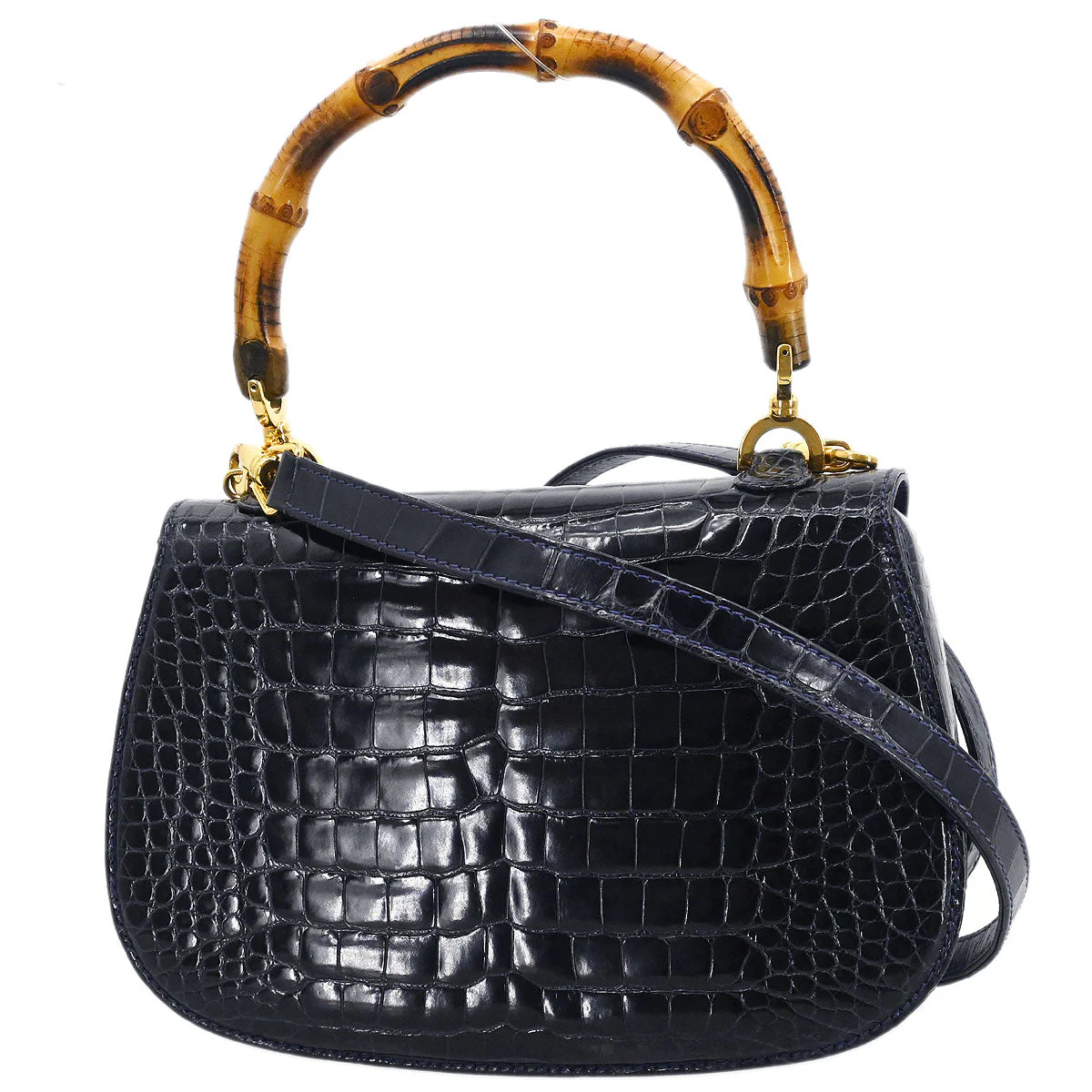 Gucci * Navy Crocodile Bamboo 2way Shoulder Handbag - Image 2