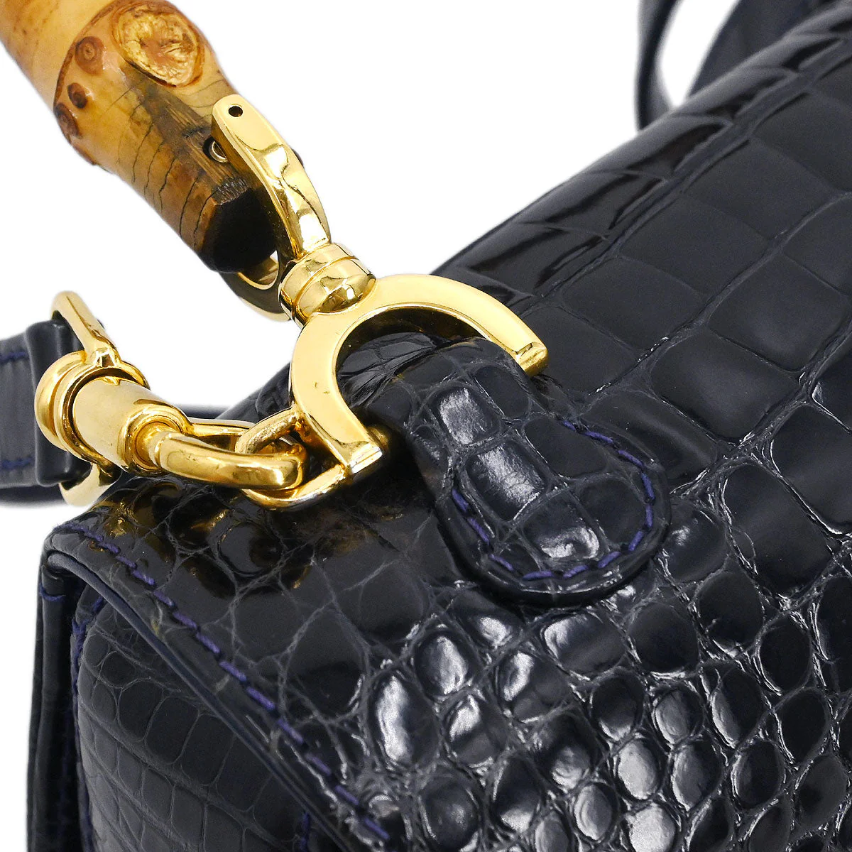 Gucci * Navy Crocodile Bamboo 2way Shoulder Handbag - Image 3