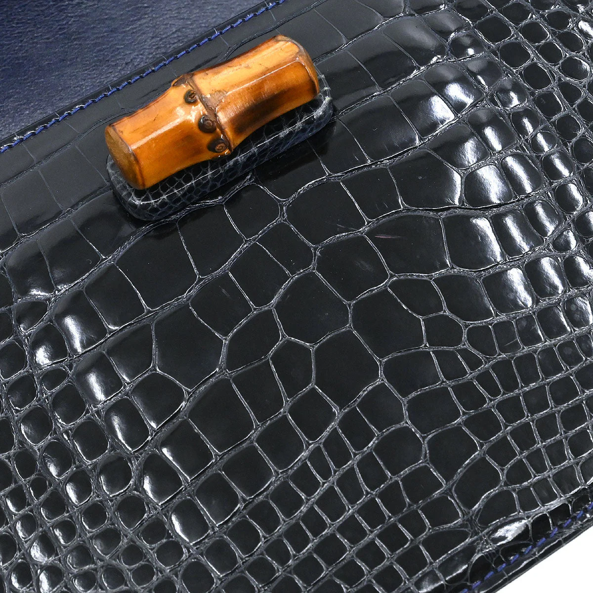 Gucci * Navy Crocodile Bamboo 2way Shoulder Handbag - Image 6