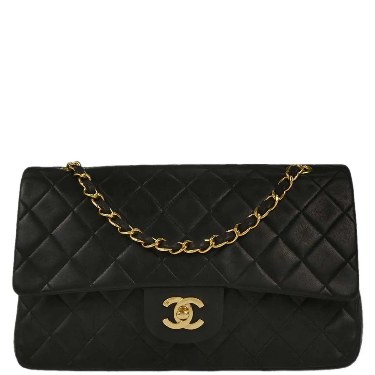 Chanel 1991-1994 Black Lambskin Medium Classic Double Flap Shoulder Bag